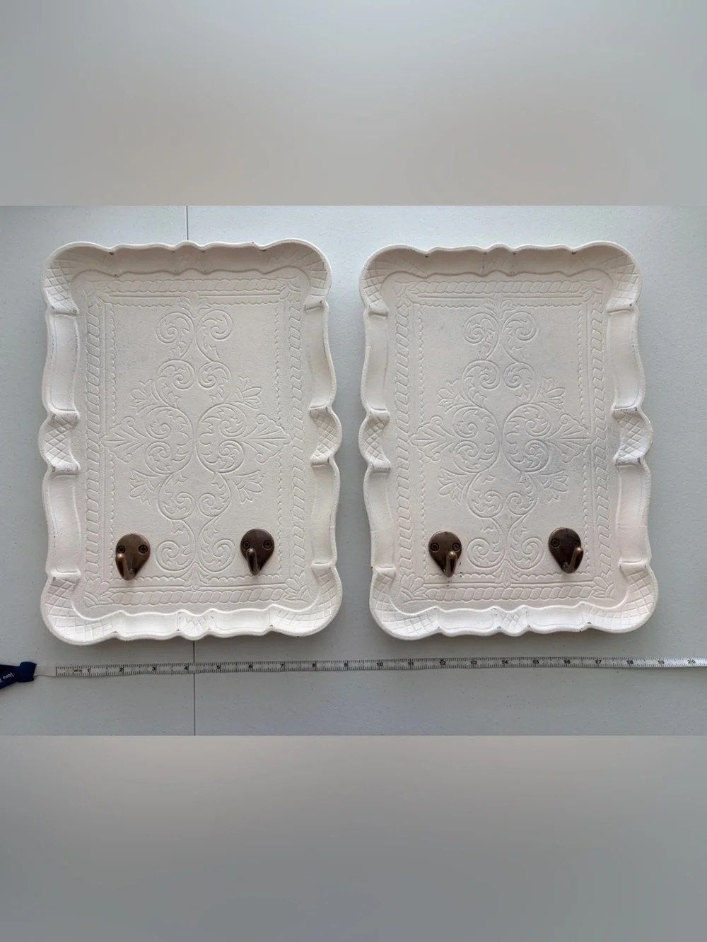 Set of 2 Ornate White Wall Jewelry Organizers Brass Hooks NWOT